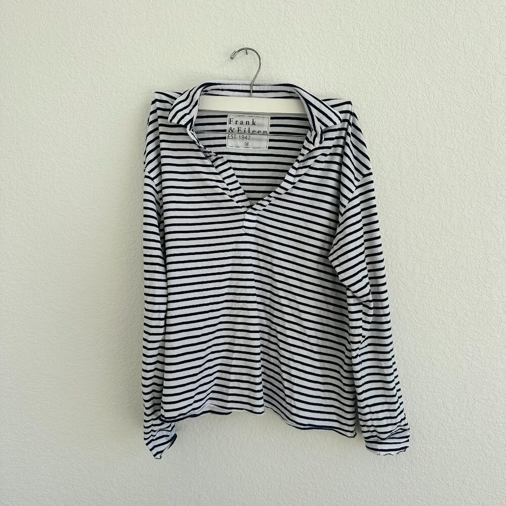 Frank & Eileen, Striped Collared Long Sleeve Shirt, Medium, White/ Navy Blue
